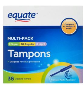 Equate Tampons with Premium Plastic Applicators, Unscented, Light/Regular/Super (36 Count