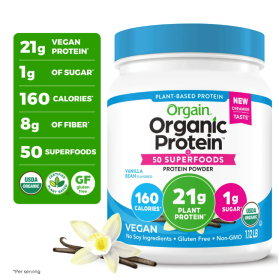 Organic Vegan 21g Protein + 50 Superfoods Powder, Plant Based Shake Drink, Vanilla Bean 1.12lb