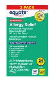 Equate 24-Hour Allergy Relief Nasal Spray, Non-Drowsy, 144 Metered Sprays, 2 Pack