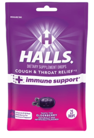 HALLS Cough and Throat Relief Plus Immune Support, Elderberry Cough Drops, 25 Count Drops