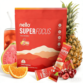 Nello Superfocus Drink Mix – Fruit Punch Flavor –  Lion's Mane, Rhodiola & N-Acetyl L-Tyrosine – 20 Servings