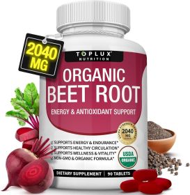Organic Beet Root Powder 90 Tablets - 2040mg Natural Nitric Oxide to Support, Energy, Black Pepper Better Absorption, unisex