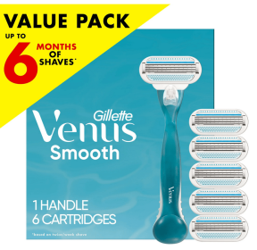 Venus Smooth Razor for Women, 3 blades, Manual Razor, Handle + 6 Razor Blade Refills, Blue