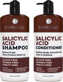 Salicylic Acid Shampoo and Conditioner Set Scalp Exfoliator for Flakes Anti Dandruff and Itch Relief for Women and Men - Bellisso