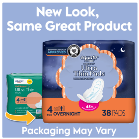Equate Ultra Thin Pads with Wings, Unscented, Overnight, Size 4 (38 Count)