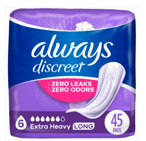 Always Discreet Incontinence Pads, Extra Heavy Absorbency, Long Length, 45 CT - Always