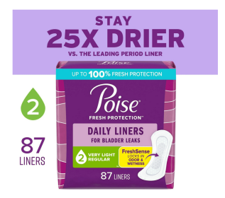Poise Daily Incontinence Panty Liners, 2 Drop Very Light Absorbency, Regular.