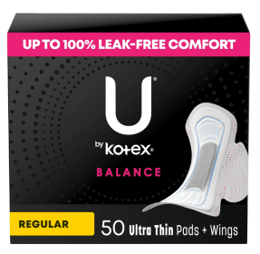 U by Kotex Balance Ultra Thin Pads with Wings, Regular Absorbency, 50 Count